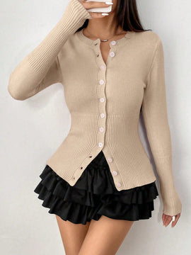 Moosta mujer chaqueta de punto de unicolor con cuello redondo, manga larga, de abotonadura sencilla, versatil y de moda, para otono/invierno