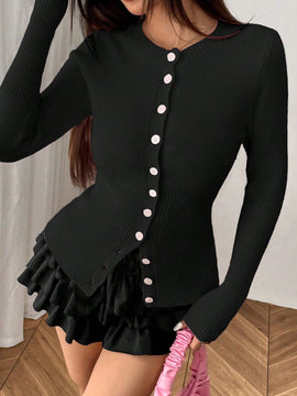 Moosta mujer chaqueta de punto de unicolor con cuello redondo, manga larga, de abotonadura sencilla, versatil y de moda, para otono/invierno