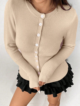 Moosta mujer chaqueta de punto de unicolor con cuello redondo, manga larga, de abotonadura sencilla, versatil y de moda, para otono/invierno