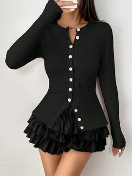 Moosta mujer chaqueta de punto de unicolor con cuello redondo, manga larga, de abotonadura sencilla, versatil y de moda, para otono/invierno