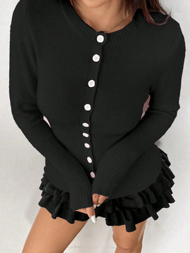 Moosta mujer chaqueta de punto de unicolor con cuello redondo, manga larga, de abotonadura sencilla, versatil y de moda, para otono/invierno