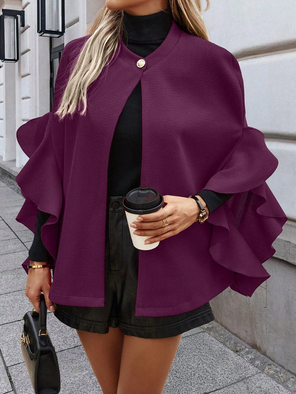 Clasi 1 pieza abrigo elegante de lana con un solo abotonadura, bajo con volantes y unicolor para mujer, otono/invierno