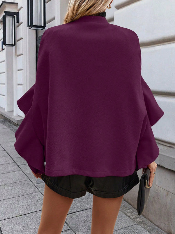 Clasi 1 pieza abrigo elegante de lana con un solo abotonadura, bajo con volantes y unicolor para mujer, otono/invierno