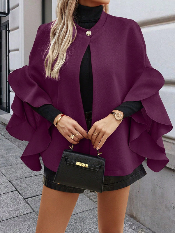 Clasi abrigo de lana elegante con cuello vuelto y abotonadura sencilla, en unicolor, para mujer, para otono/invierno