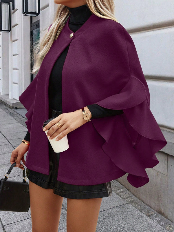 Clasi abrigo de lana elegante con cuello vuelto y abotonadura sencilla, en unicolor, para mujer, para otono/invierno