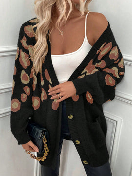 Lune cardigan informal para mujer de botones delanteros con bolsillos dobles y estampado de leopardo, para otono/invierno