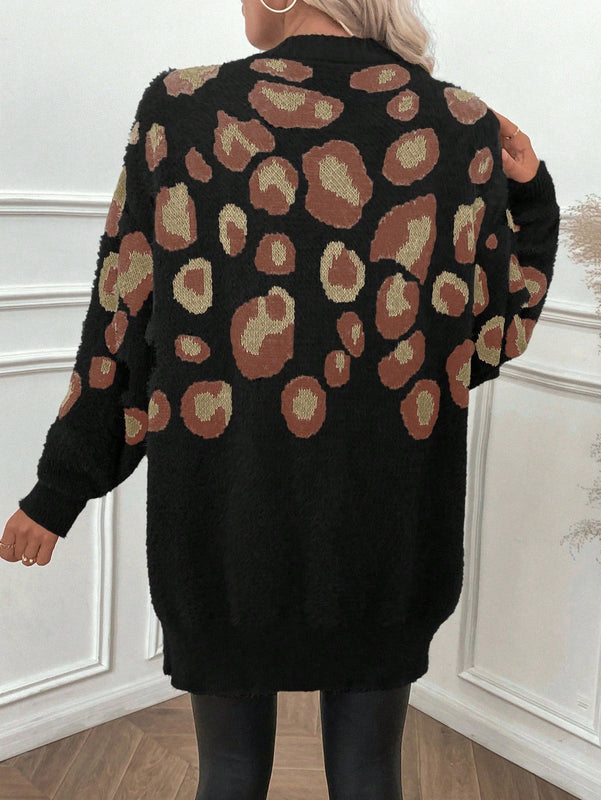 Lune cardigan informal para mujer de botones delanteros con bolsillos dobles y estampado de leopardo, para otono/invierno