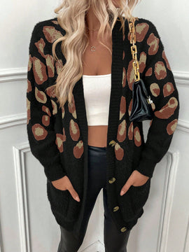 Lune cardigan informal para mujer de botones delanteros con bolsillos dobles y estampado de leopardo, para otono/invierno