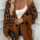 Lune cardigan informal para mujer de botones delanteros con bolsillos dobles y estampado de leopardo, para otono/invierno
