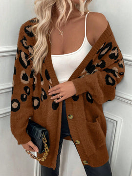 Lune cardigan informal para mujer de botones delanteros con bolsillos dobles y estampado de leopardo, para otono/invierno