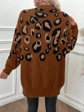 Lune cardigan informal para mujer de botones delanteros con bolsillos dobles y estampado de leopardo, para otono/invierno