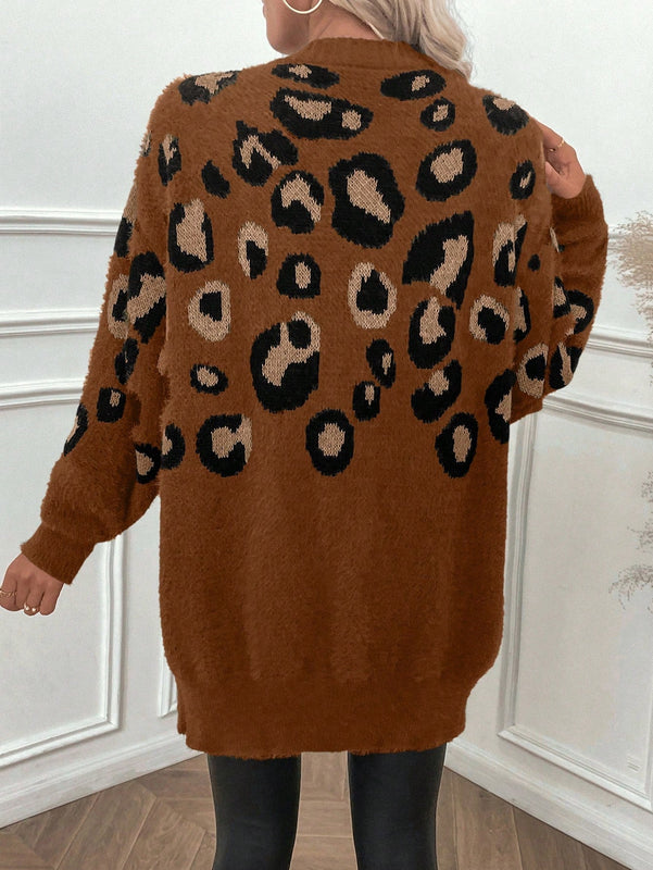 Lune cardigan informal para mujer de botones delanteros con bolsillos dobles y estampado de leopardo, para otono/invierno