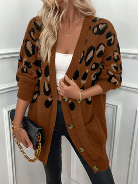 Lune cardigan informal para mujer de botones delanteros con bolsillos dobles y estampado de leopardo, para otono/invierno