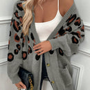 Lune cardigan informal para mujer de botones delanteros con bolsillos dobles y estampado de leopardo, para otono/invierno