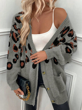 Lune cardigan informal para mujer de botones delanteros con bolsillos dobles y estampado de leopardo, para otono/invierno