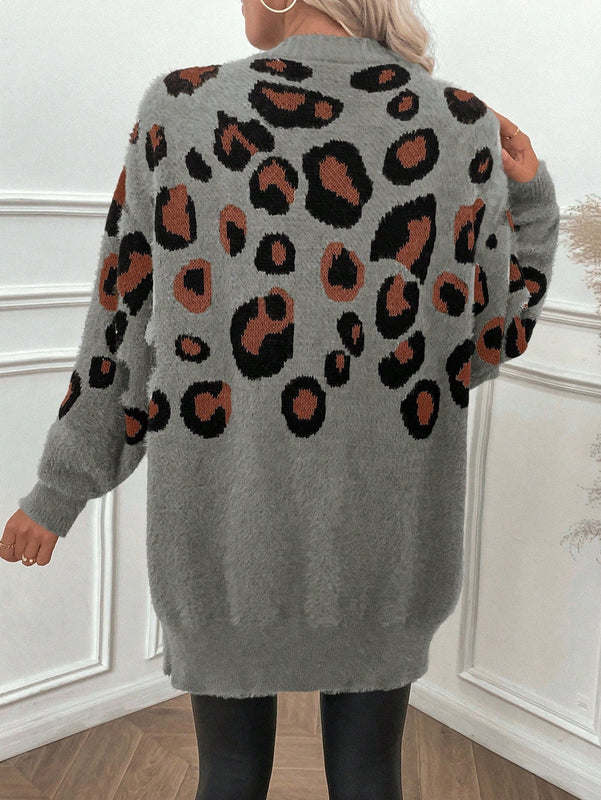 Lune cardigan informal para mujer de botones delanteros con bolsillos dobles y estampado de leopardo, para otono/invierno