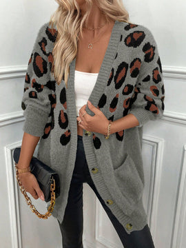 Lune cardigan informal para mujer de botones delanteros con bolsillos dobles y estampado de leopardo, para otono/invierno