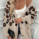 Lune cardigan informal para mujer de botones delanteros con bolsillos dobles y estampado de leopardo, para otono/invierno
