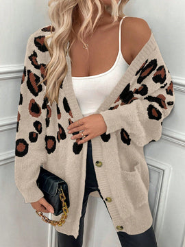 Lune cardigan informal para mujer de botones delanteros con bolsillos dobles y estampado de leopardo, para otono/invierno