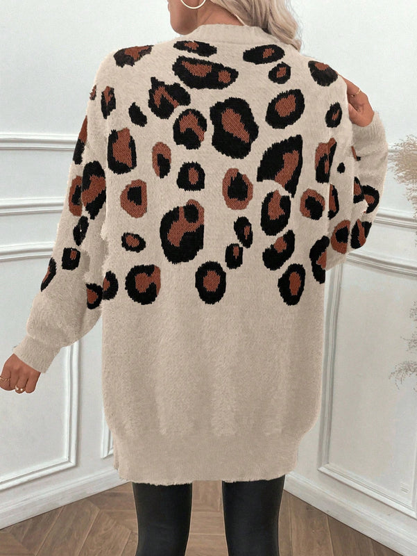 Lune cardigan informal para mujer de botones delanteros con bolsillos dobles y estampado de leopardo, para otono/invierno