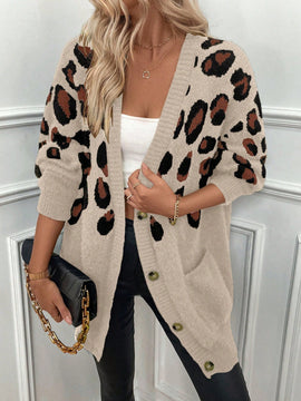 Lune cardigan informal para mujer de botones delanteros con bolsillos dobles y estampado de leopardo, para otono/invierno