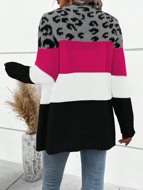 Lune cardigan casual de mujer con estampado de leopardo, parches y manga larga con un solo abotonamiento, para otono/invierno