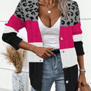 Lune cardigan casual de mujer con estampado de leopardo, parches y manga larga con un solo abotonamiento, para otono/invierno