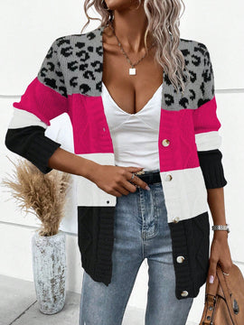 Lune cardigan informal de uso diario con parche de estampado de leopardo y botones adelante, apto para otono/invierno