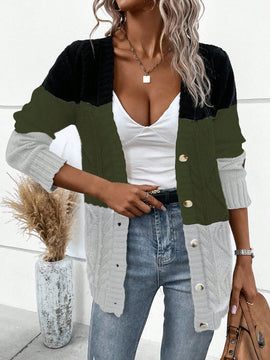 Lune cardigan con parches de colores contrastantes, informal y de moda para uso diario