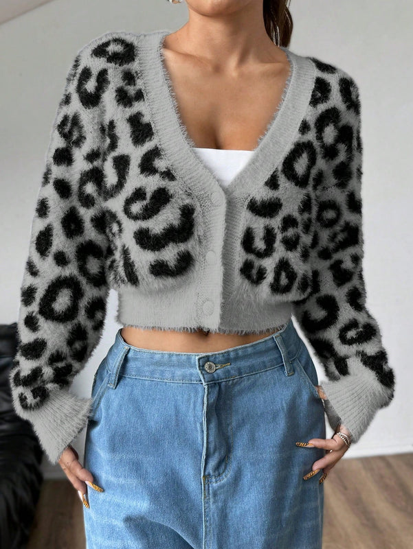 Moosta cardigan casual con botones y estampado de leopardo, adecuado para otono/invierno, para mujeres