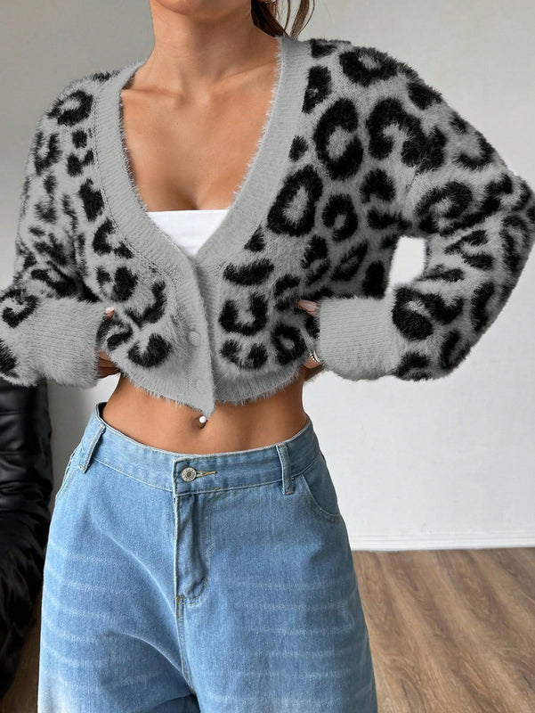 Moosta cardigan casual con botones y estampado de leopardo, adecuado para otono/invierno, para mujeres