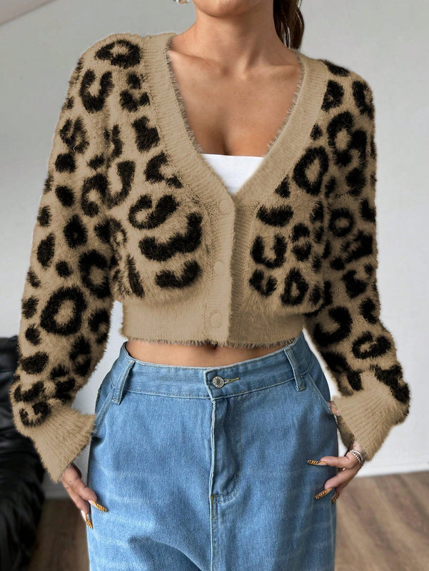 Moosta cardigan casual con botones y estampado de leopardo, adecuado para otono/invierno, para mujeres