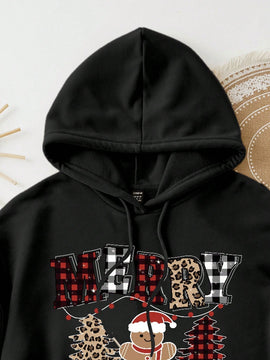 Ezwear sudadera con capucha de ajuste holgado y gruesa con estampado minimalista "feliz ano nuevo" de color rojo casual para mujer