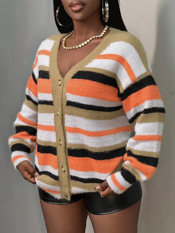 Slayr cardigan de punto con bloque de color y letras de estilo minimalista y casual