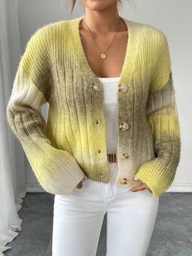 Relaxiva cardigan de punto con botones delanteros, manga larga, de color ombre, hecho de un hilado jaspeado y tejido de nervio