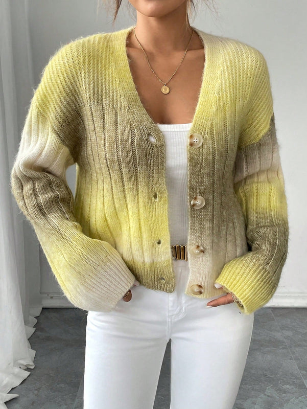 Relaxiva cardigan de punto con botones delanteros, manga larga, de color ombre, hecho de un hilado jaspeado y tejido de nervio