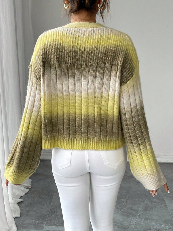 Relaxiva cardigan de punto con botones delanteros, manga larga, de color ombre, hecho de un hilado jaspeado y tejido de nervio