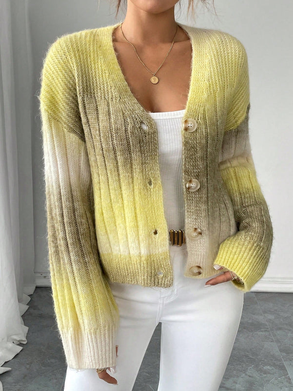 Relaxiva cardigan de punto con botones delanteros, manga larga, de color ombre, hecho de un hilado jaspeado y tejido de nervio
