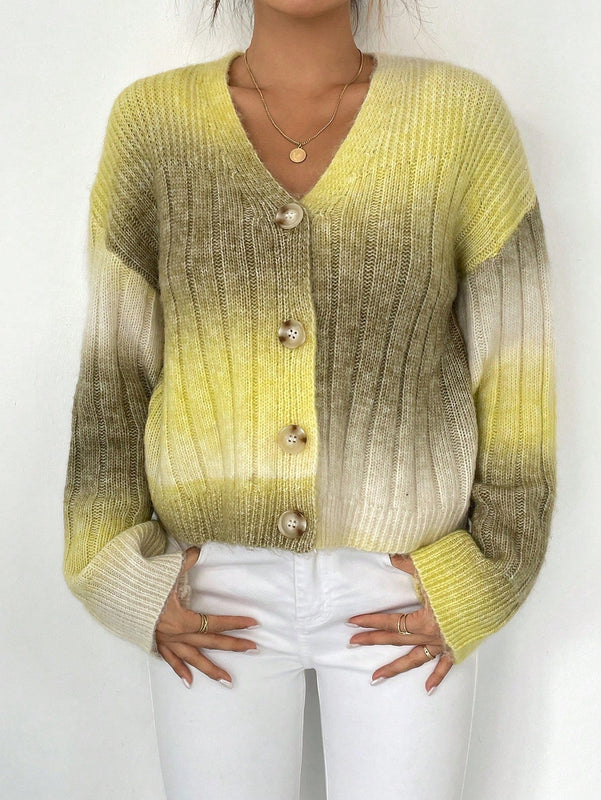 Relaxiva cardigan de punto con botones delanteros, manga larga, de color ombre, hecho de un hilado jaspeado y tejido de nervio