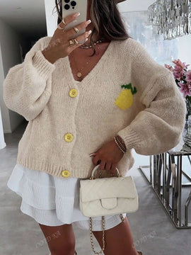 Chaqueta corta de cardigan casual de manga larga con botones y estampado de limon oversize para mujer en otono e invierno