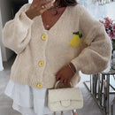 Chaqueta corta de mujer tipo cardigan de manga larga con botones, casual, con diseno de jacquard con limones, para otono e invierno