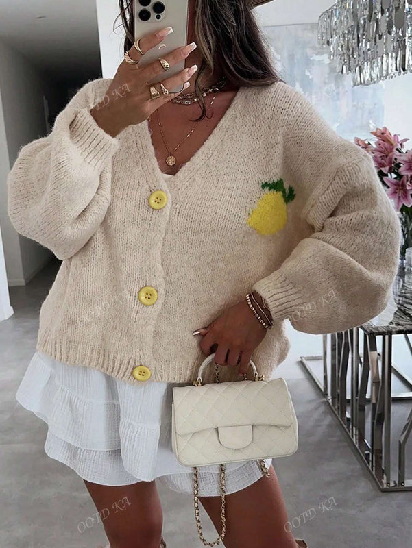 Chaqueta corta de mujer tipo cardigan de manga larga con botones, casual, con diseno de jacquard con limones, para otono e invierno