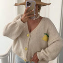 Chaqueta corta de mujer tipo cardigan de manga larga con botones, casual, con diseno de jacquard con limones, para otono e invierno