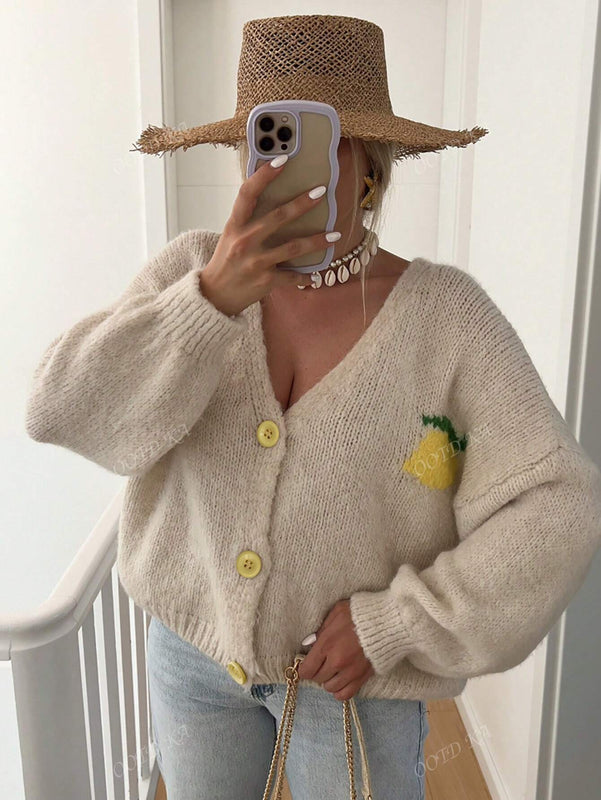 Chaqueta corta de mujer tipo cardigan de manga larga con botones, casual, con diseno de jacquard con limones, para otono e invierno