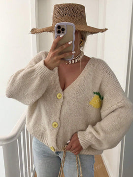 Cardigan corto casual de manga larga para mujer con botones y diseno de jacquard con limones, para otono e invierno