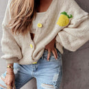 Cardigan corto casual de manga larga para mujer con botones y diseno de jacquard con limones, para otono e invierno