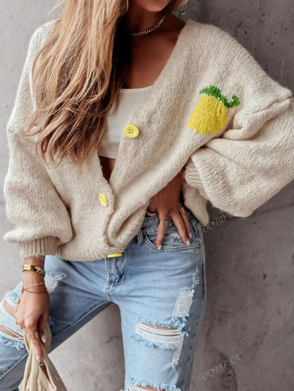 Chaqueta corta de cardigan casual de manga larga con botones y estampado de limon oversize para mujer en otono e invierno