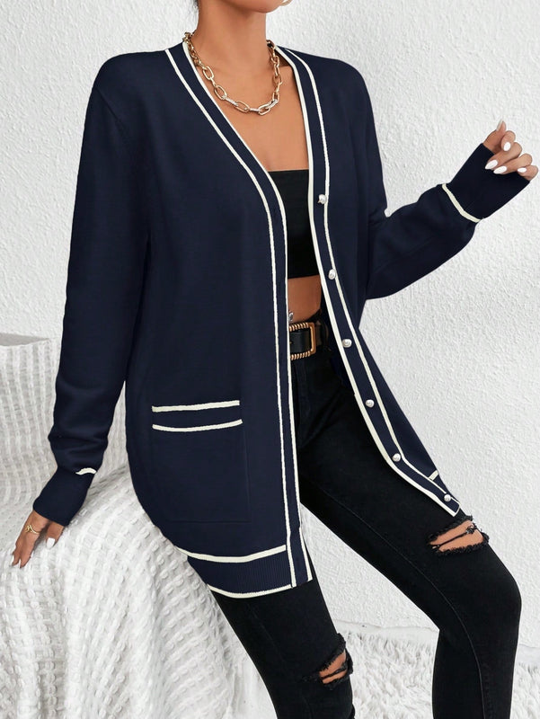 Essnce cardigan casual de bolsillo de mujer con manga larga de un solo botonadura a rayas, otono/invierno