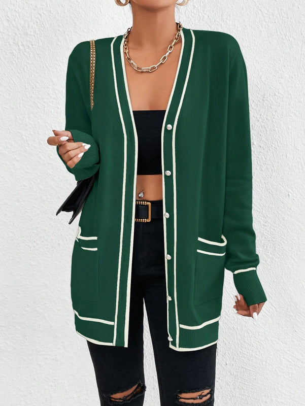 Essnce cardigan casual de bolsillo de mujer con manga larga de un solo botonadura a rayas, otono/invierno
