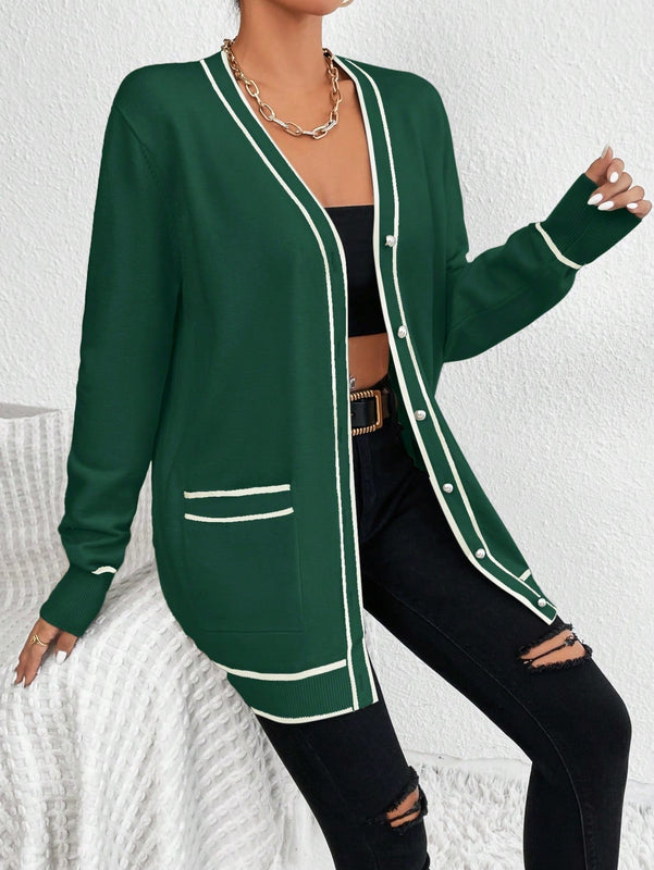 Essnce cardigan casual de bolsillo de mujer con manga larga de un solo botonadura a rayas, otono/invierno